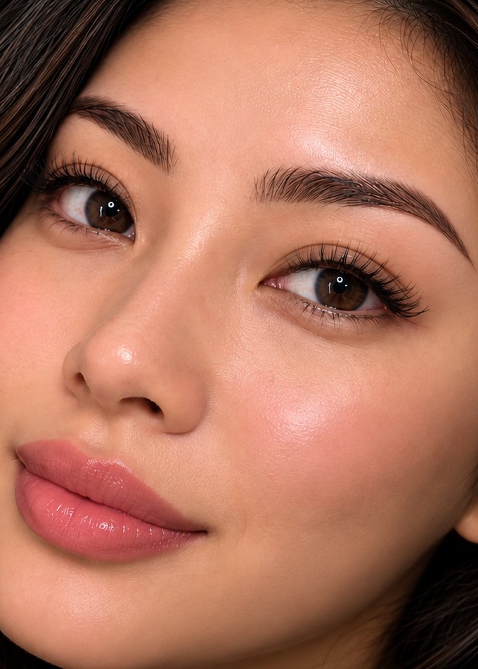 Close-up of a woman with soft powder brows, full lash extensions and a rosy lip blush